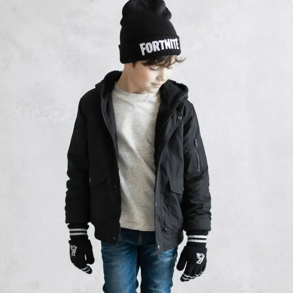 Fortnite Youth Beanie and Gloves Set Black Silver One Size NWT